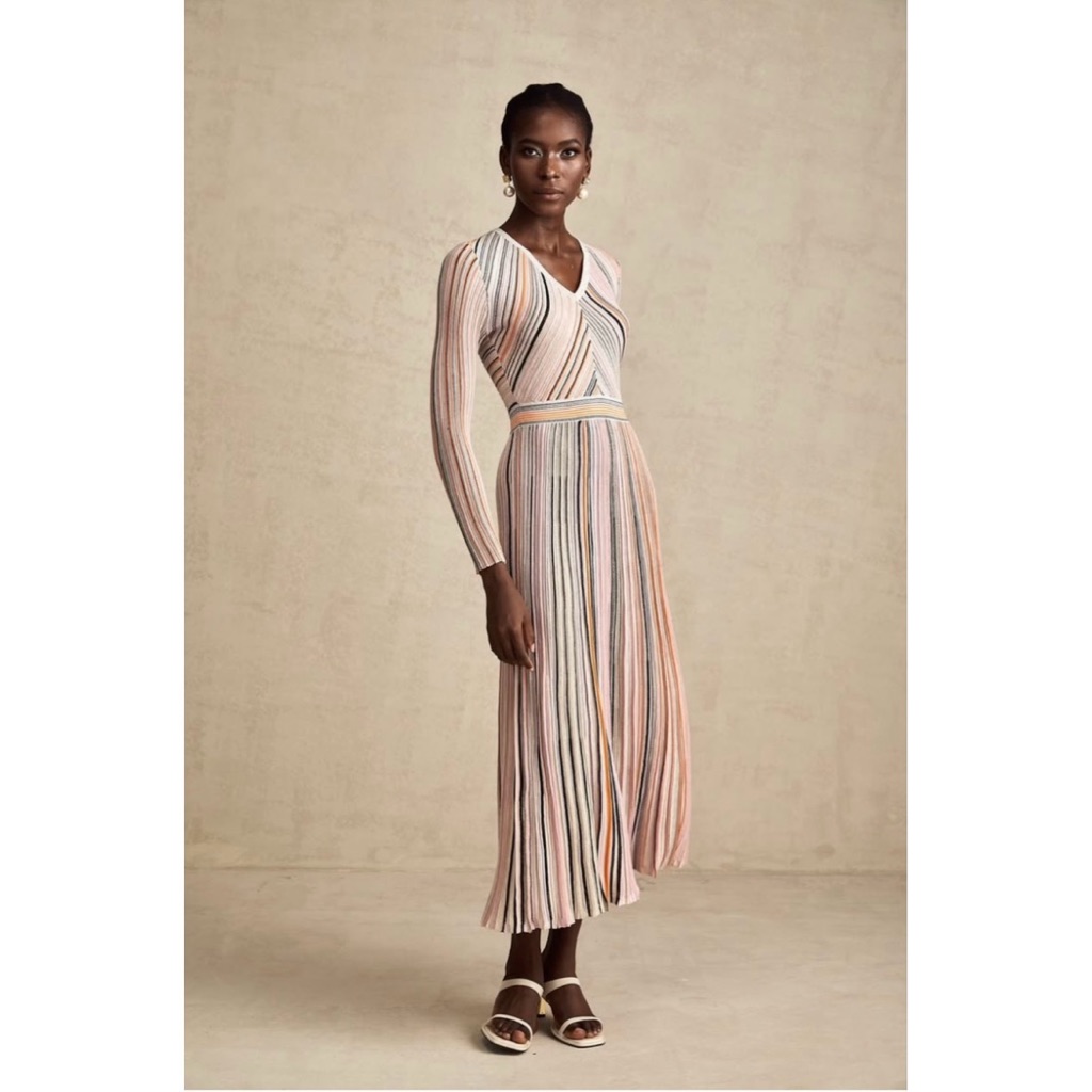 Miss Rosier Long Sleeve Pink Striped Ribbed Pleated Maxi Dress Small 4